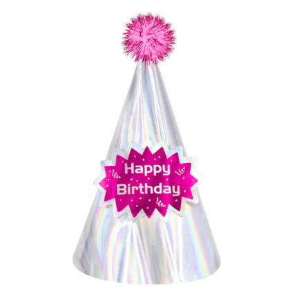 Peomüts hõbedane Happy Birthday roosa tutiga