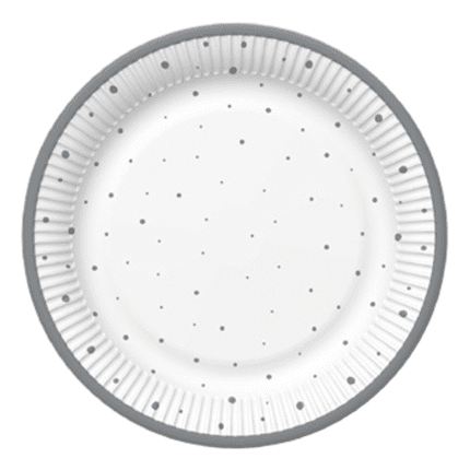 Peotaldrikud valge hõbedaste täppidega 18cm (8 tk/pk)