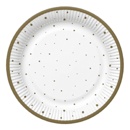 Peotaldrikud valge kuldsete täppidega 23cm (8 tk/pk)