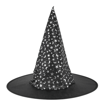 Nõiakübar kuud-tähed must-hõbedane 38x32cm