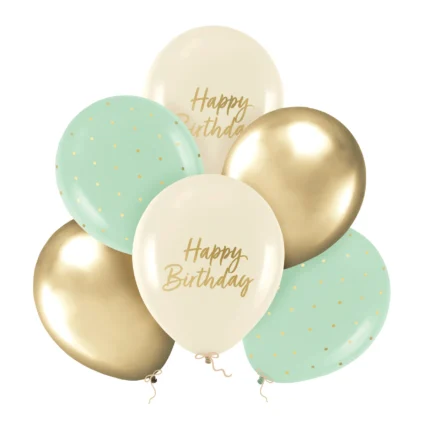 Õhupallid beez-kuldne-roheline Happy Birthday 30cm (6 tk/pk)